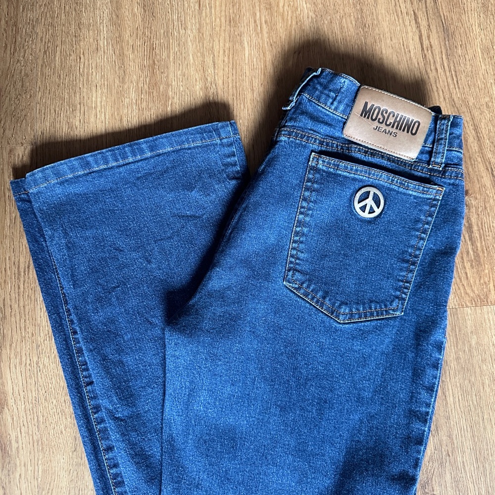 Moschino ☮️ Y2K Flare Peace Sign Low Rise Indigo Women's Jeans Designer